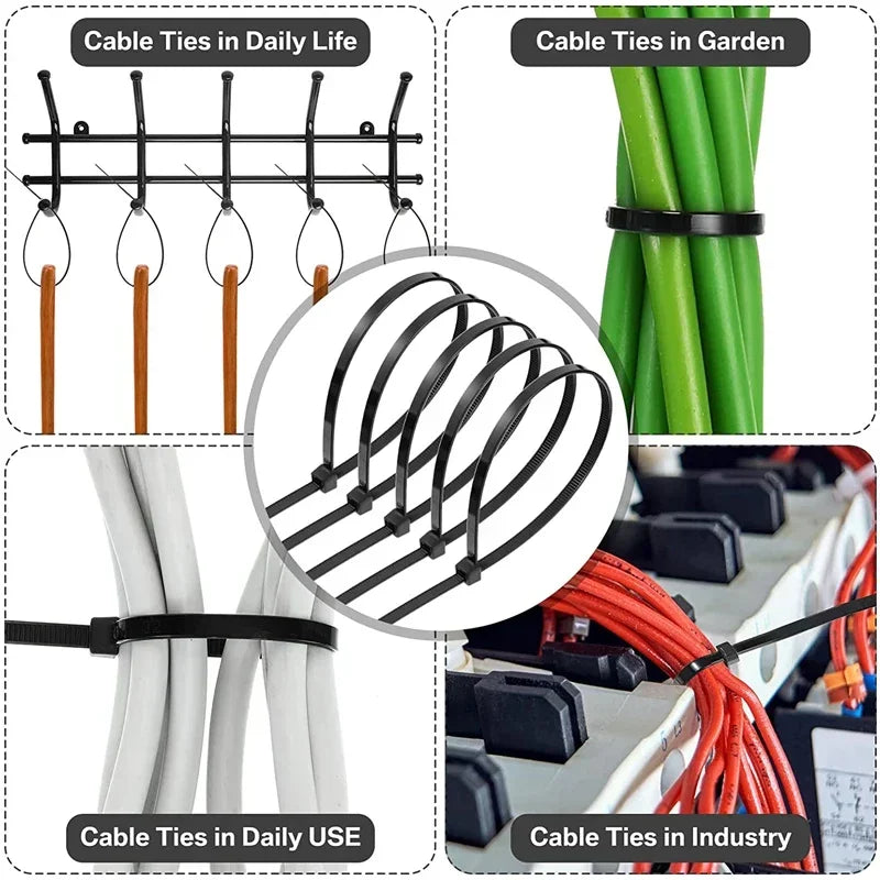 1000/100Pcs Nylon Cable Ties Self-locking Cord Ties Straps Adjustable Cables Fastening Loop Home Office Wire Zip Ties Wholesale